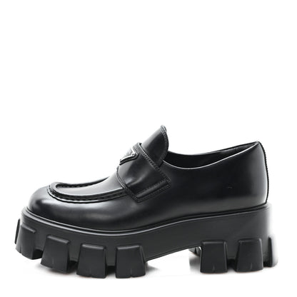 Prada Spazzolato Rois Metal Triangle Logo Monolith 55mm Loafers 38 Black 1 of 10