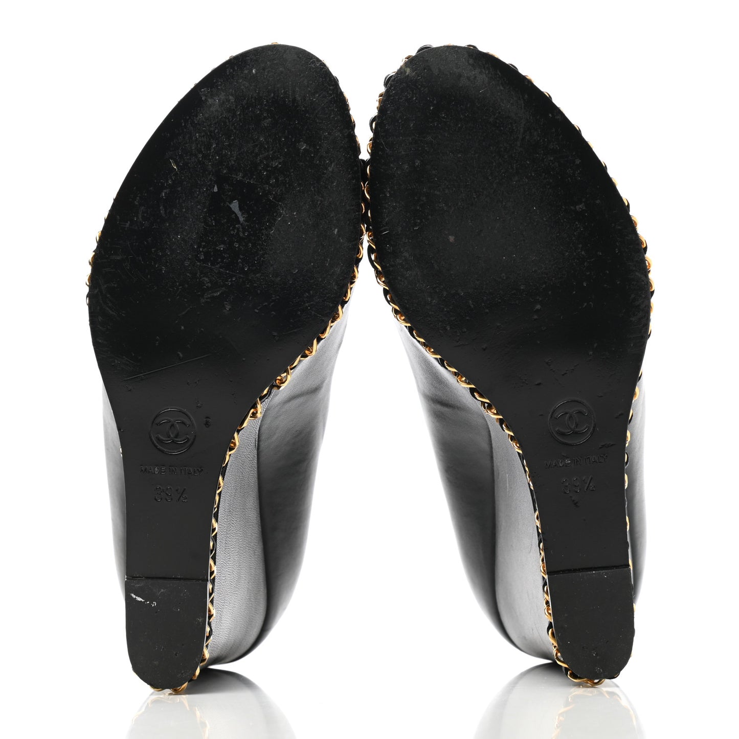 Calfskin Chain Peep Toe Wedge Pumps 39.5 Black