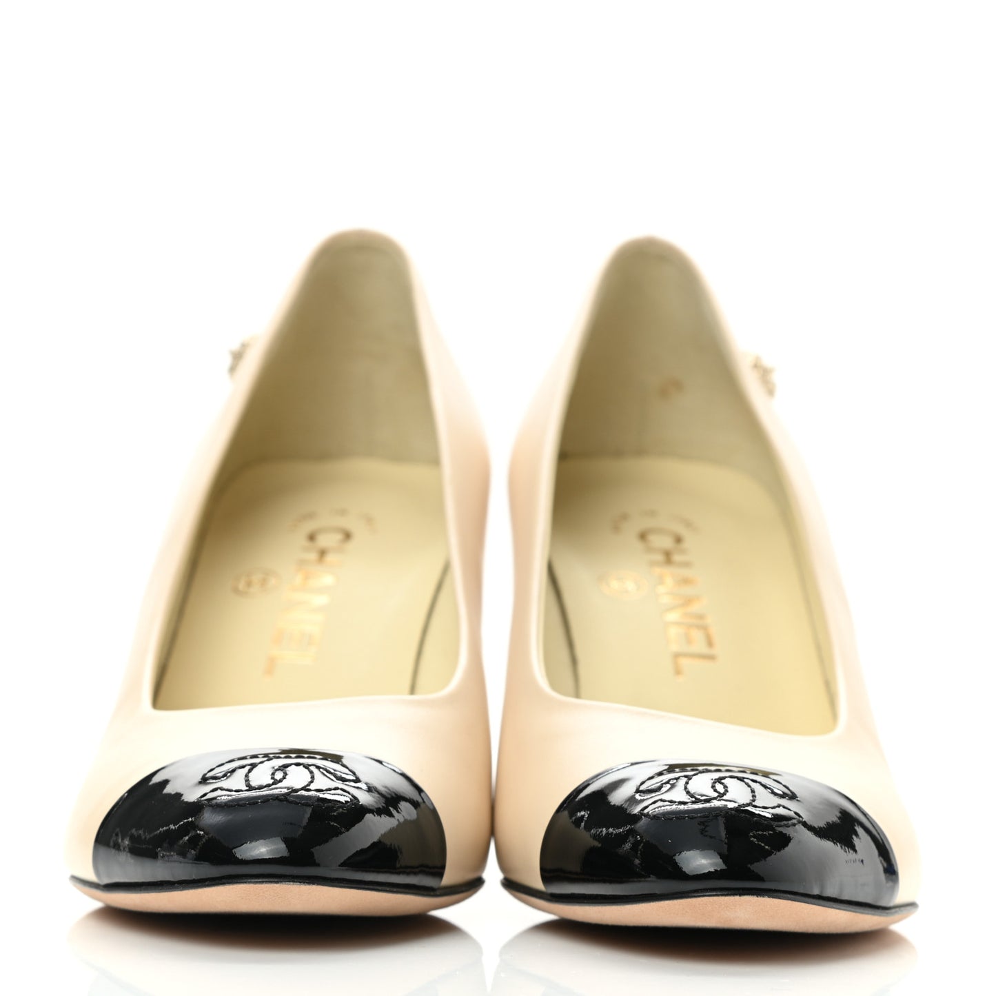 Lambskin Patent CC Cap Toe Camellia Pumps 36.5 Beige Black