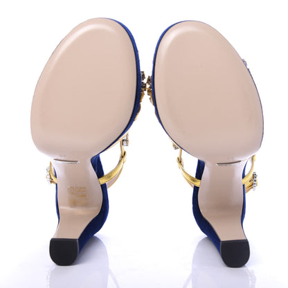 Gucci Velvet Crystal Zephyra Slingback Platform High Heel Sandals 36 Blue Gold 5 of 9