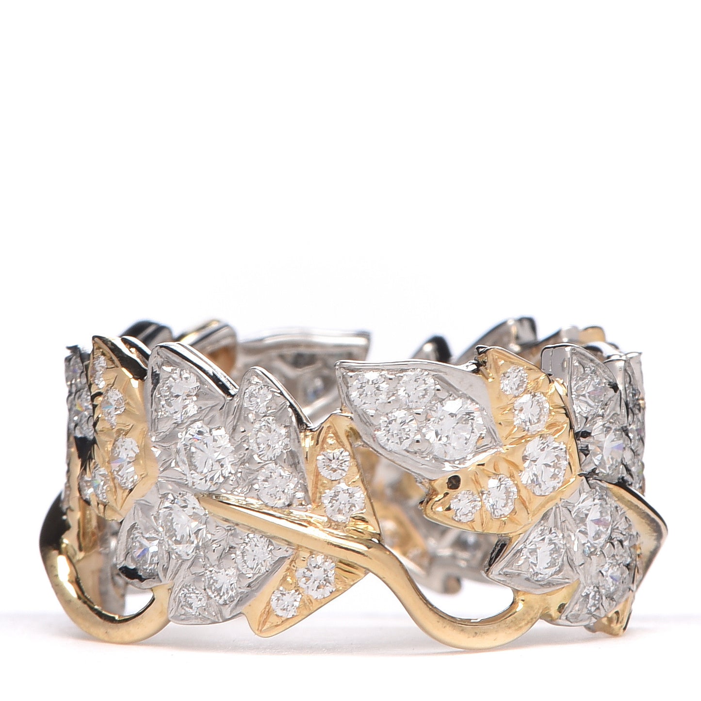 18K Yellow Gold Platinum Diamond Schlumberger Four Leaves Ring 54 7