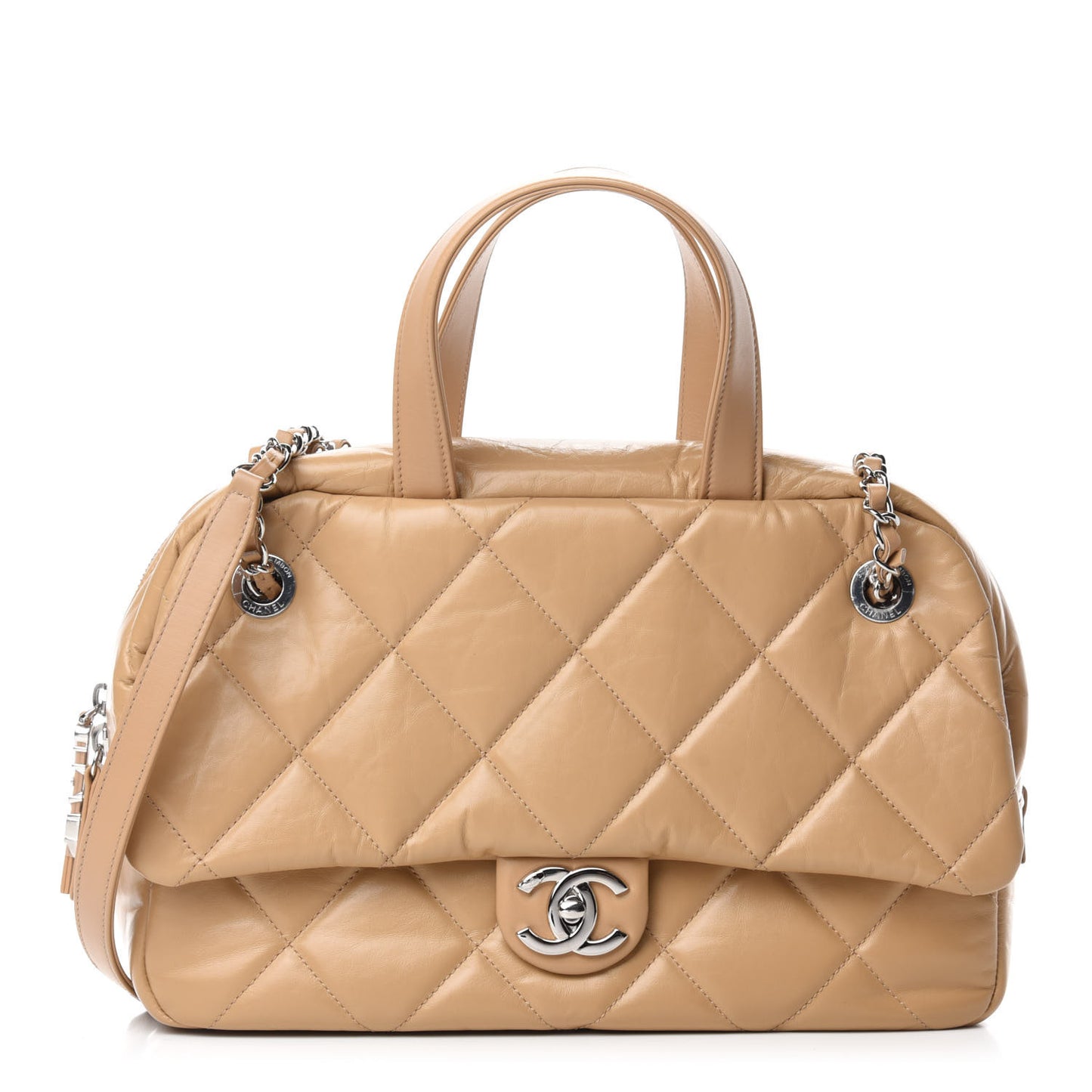 Aged Calfskin Quilted Small Express Bowling Bag Beige