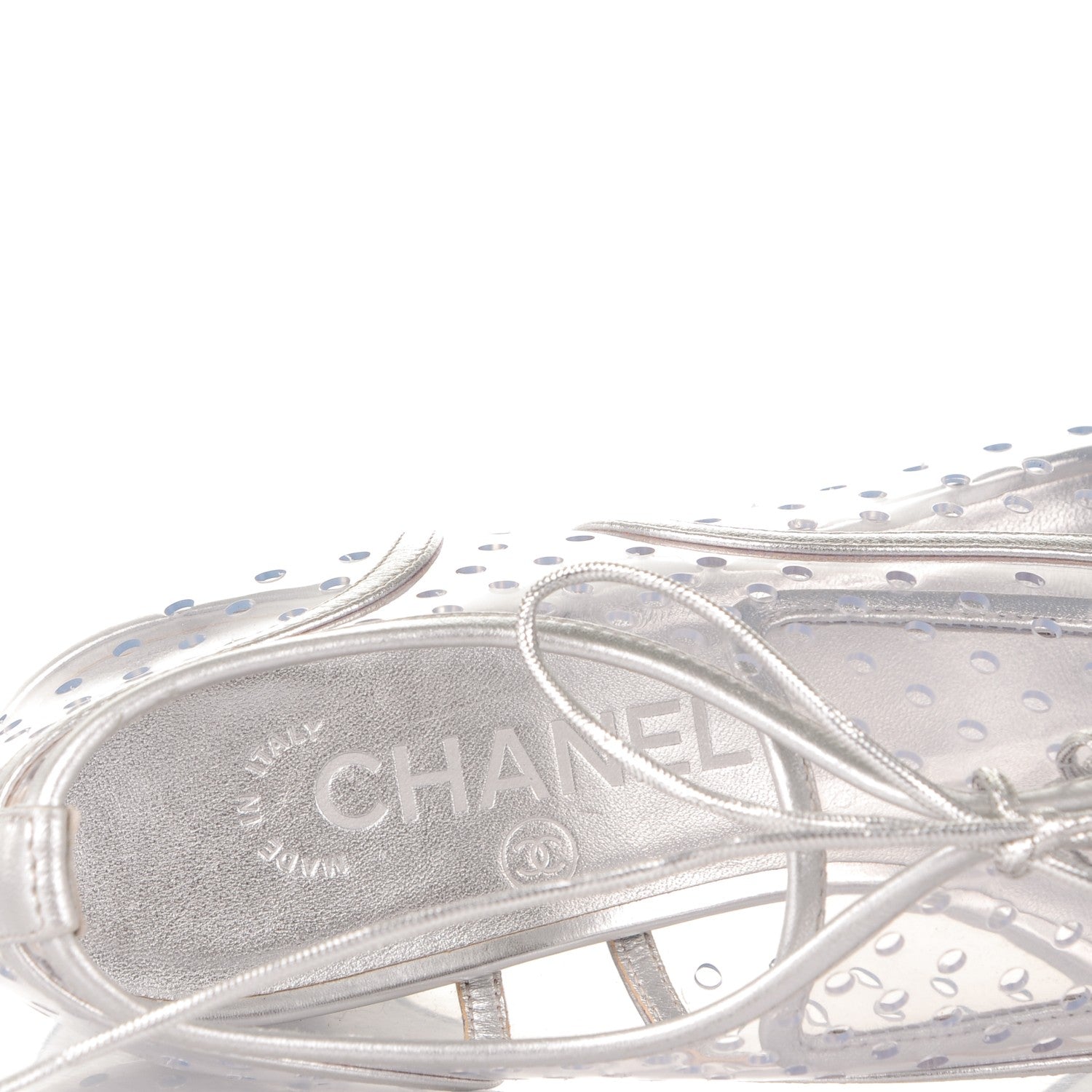 Chanel Metallic Calfskin PVC Cap Toe Lace Up Platform Heels 37.5 Silver 7 of 7