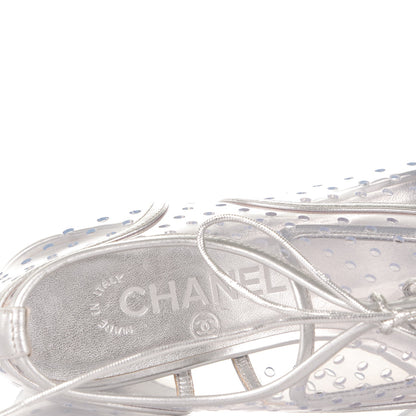 Chanel Metallic Calfskin PVC Cap Toe Lace Up Platform Heels 37.5 Silver 7 of 7