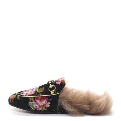 Gucci Velvet Fur Floral Womens Princetown Slippers 36 Black 1 of 8