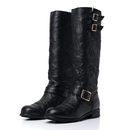 Jimmy Choo Lambskin Yule Knee High Biker Boots 41 Black 3 of 10