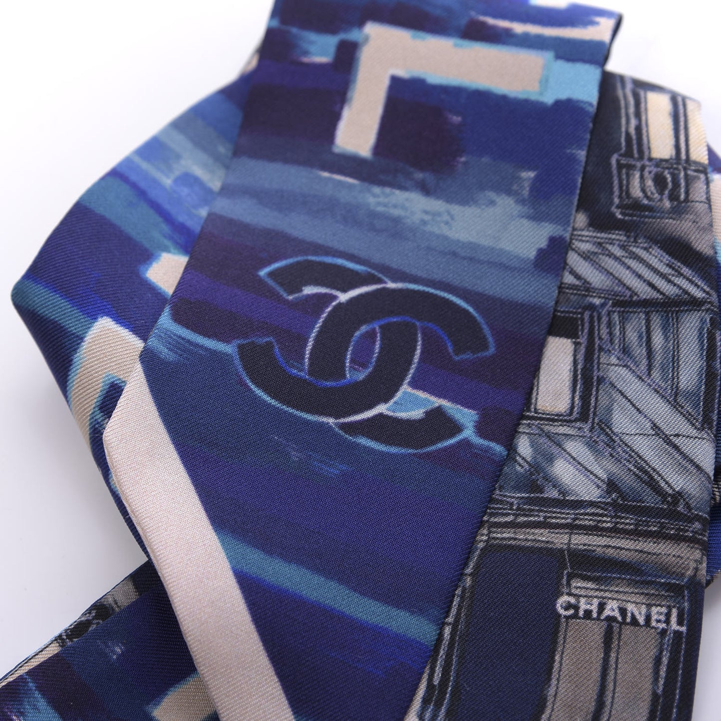 Silk Twill Slim Bandeau Scarf Blue White