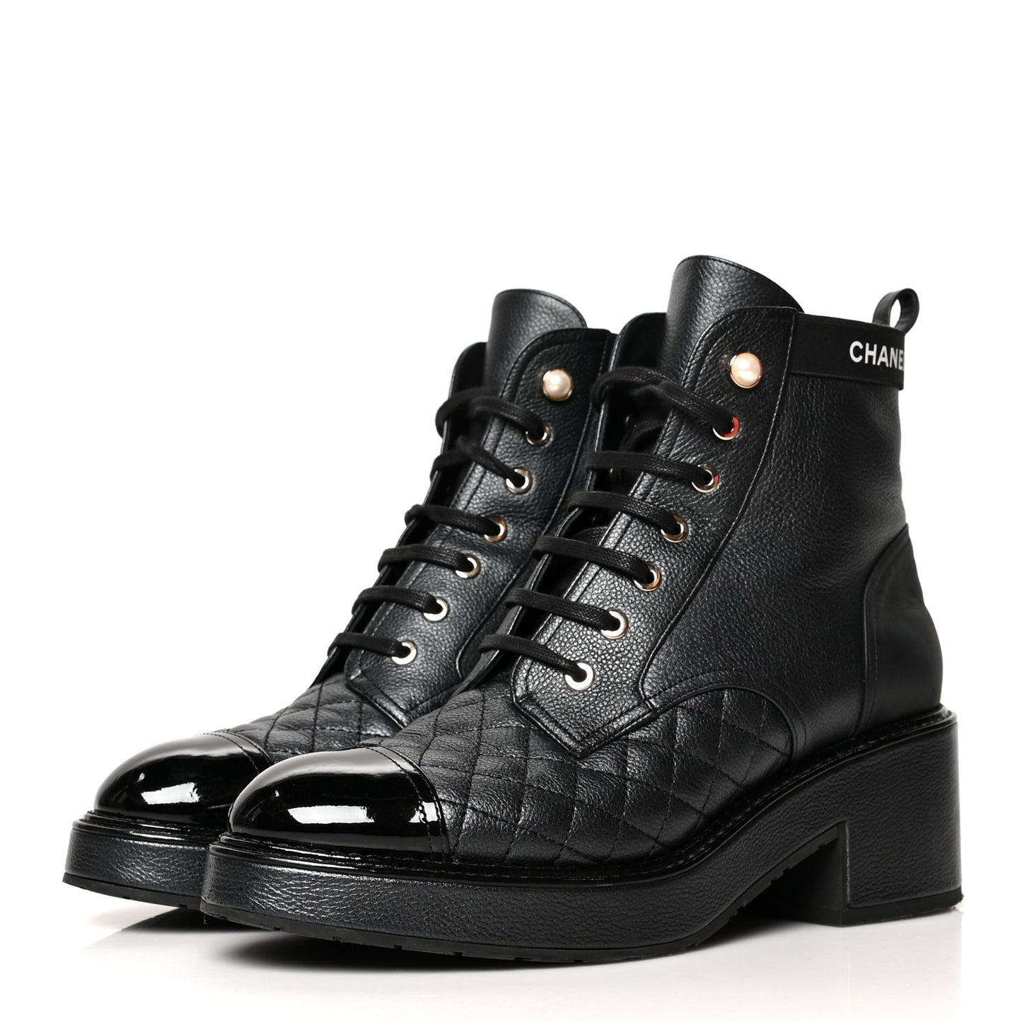 Pearly Calfskin Patent Calfskin Lace Up Combat Boots 40.5 Black