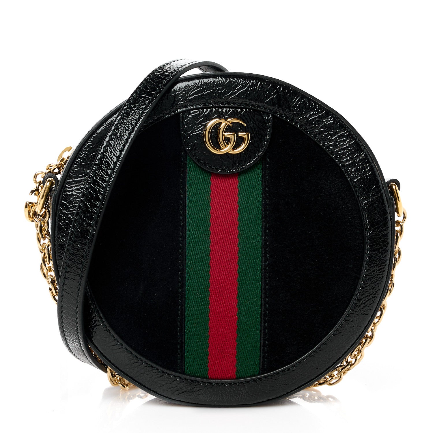 Gucci Suede Patent Web Mini Ophidia Round Shoulder Bag Black 1 of 11