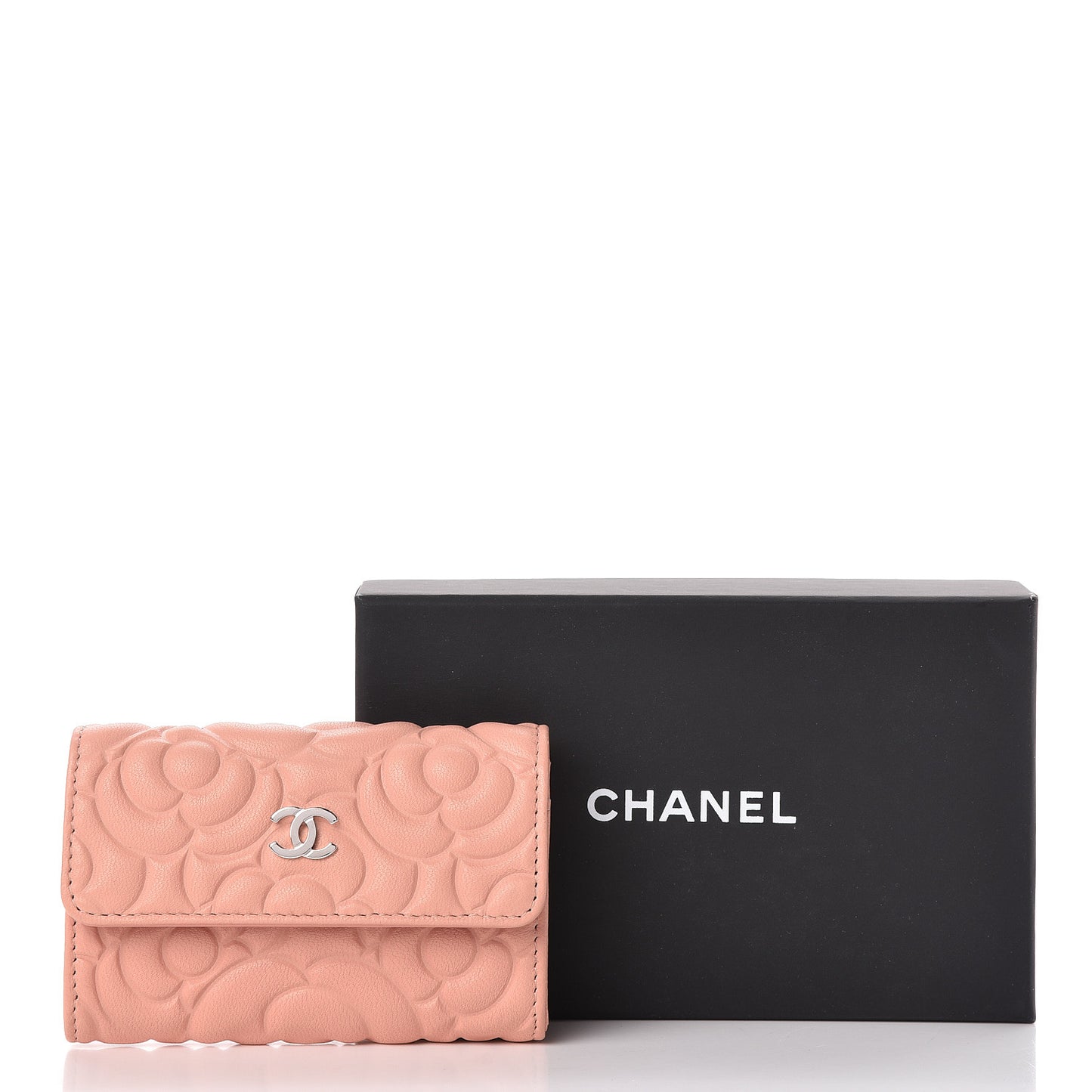 Goatskin Camellia Embossed Card Holder Wallet Light Pink