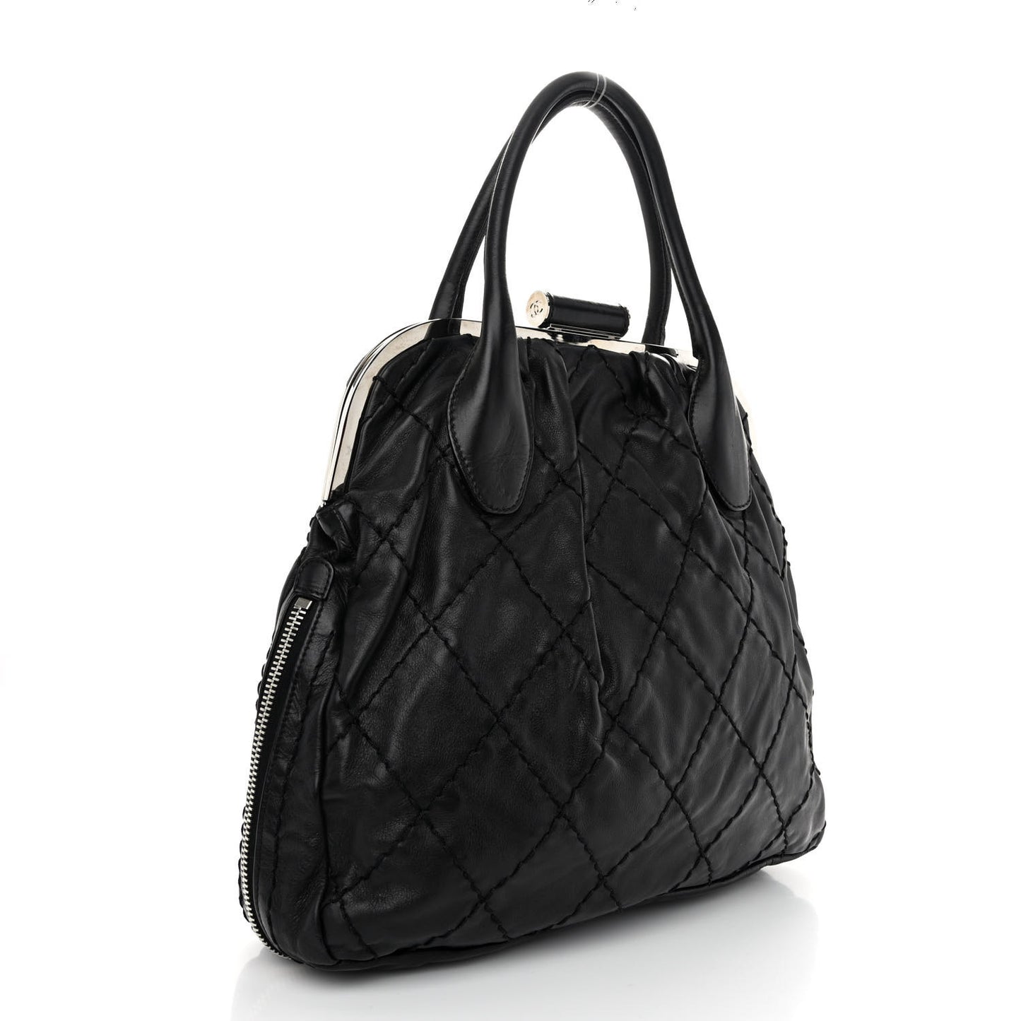 Calfskin Stitched Expandable Frame Bag Black