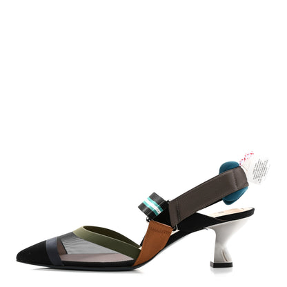 Fendi Technical Mesh Colibri 55mm Slingback Pumps 39 Black Verde Military 1 of 12