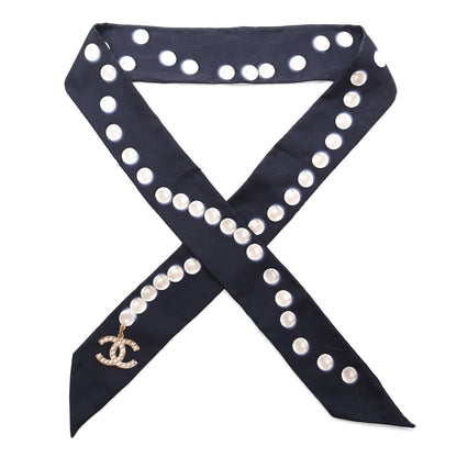 Chanel Silk Pearl CC Slim Bandeau Scarf Navy 1 of 6