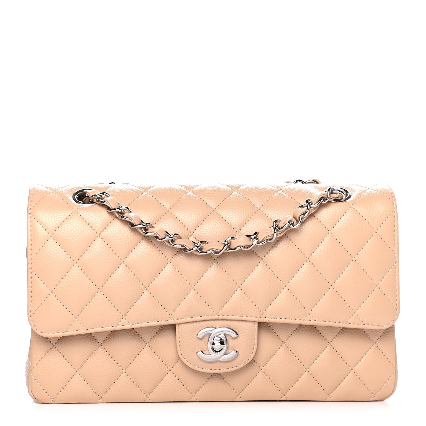 Caviar Quilted Medium Double Flap Beige