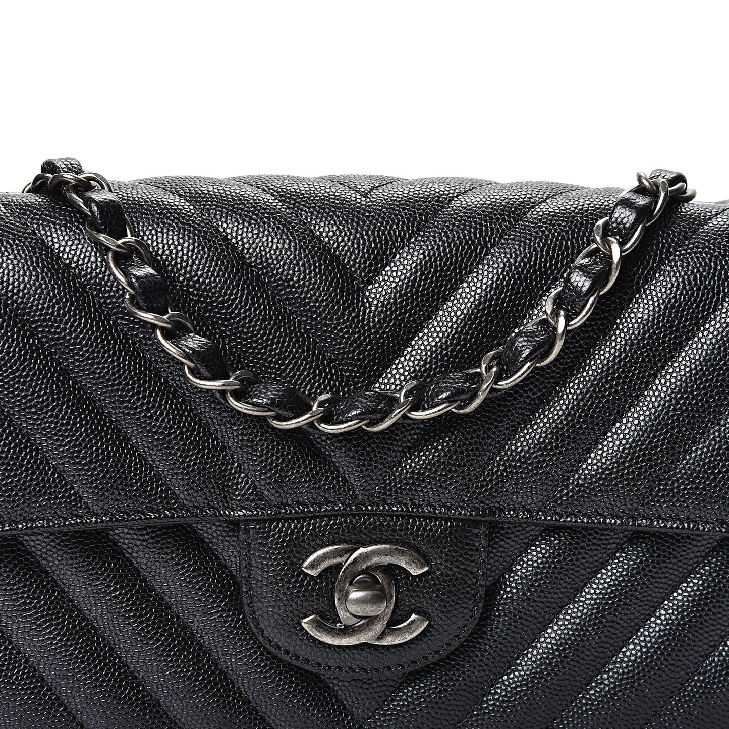 Iridescent Caviar Chevron Quilted Mini Rectangular Flap Black