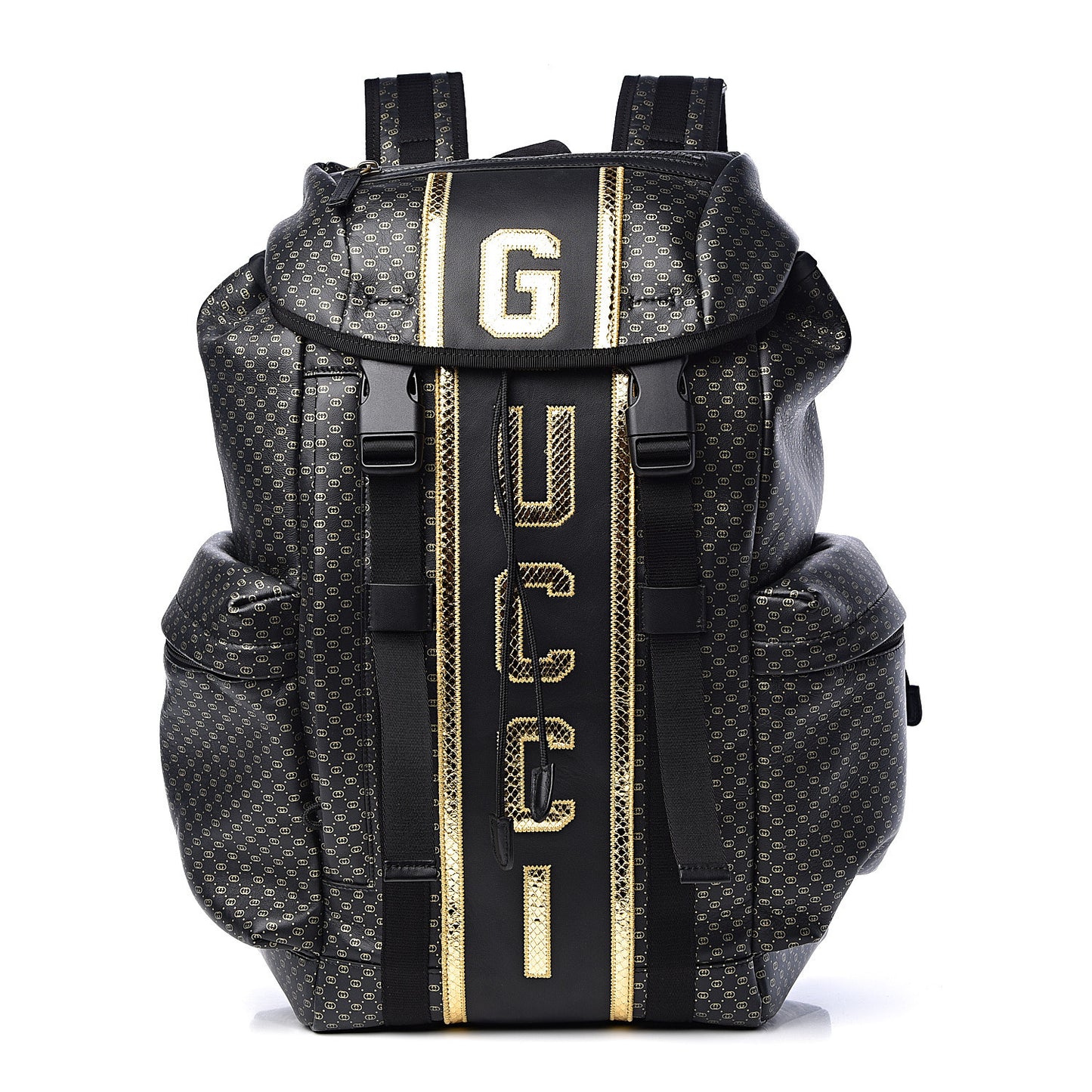 X DAPPER DAN Calfskin Laminated Ayers GG Micro Monogram Double Buckle Backpack Black Gold