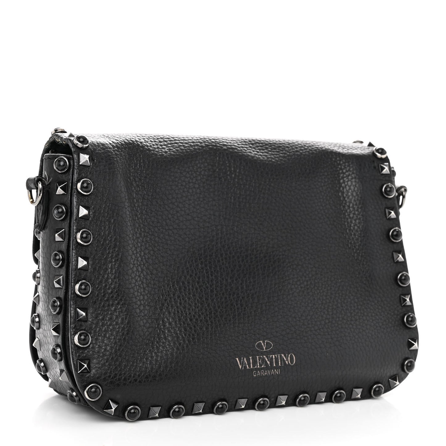 Pebbled Calfskin Onyx Medium Rockstud Rolling Flap Saddle Bag Black