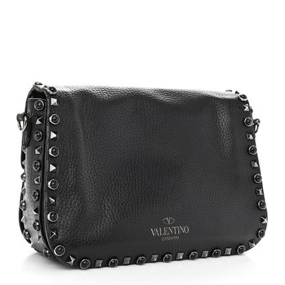 Valentino Garavani Pebbled Calfskin Onyx Medium Rockstud Rolling Flap Saddle Bag Black 3 of 14