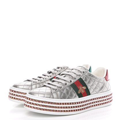Gucci Laminated Nappa Crystal Web Bee Embroidered Trapuntata Womens Ace Platform Sneakers 37 Argento 3 of 8