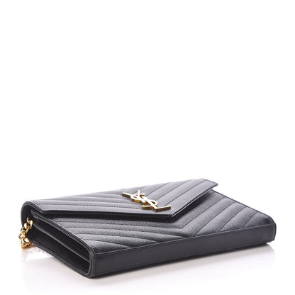 Saint Laurent Grain De Poudre Matelasse Chevron Monogram Chain Wallet Black 4 of 13