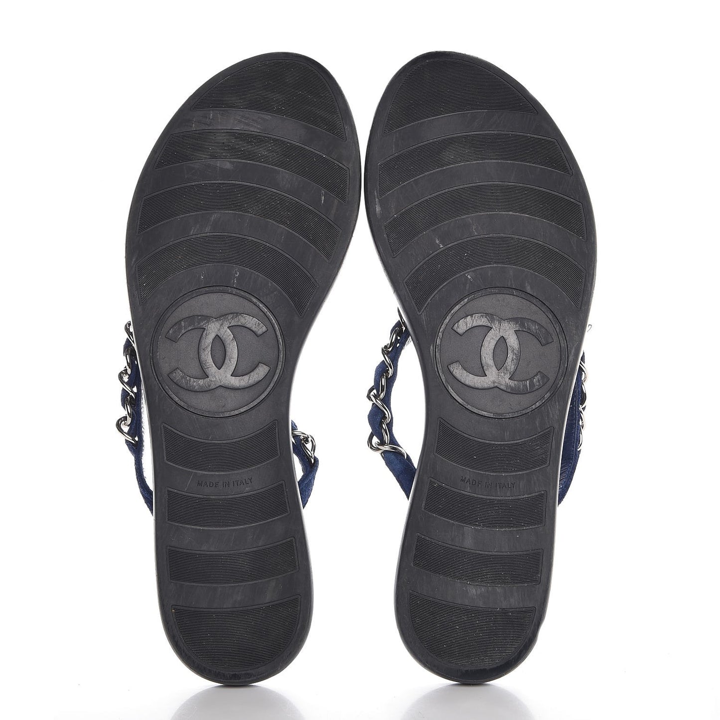 Suede Calfskin Quilted Chain Thong Sandals 38 Navy Blue