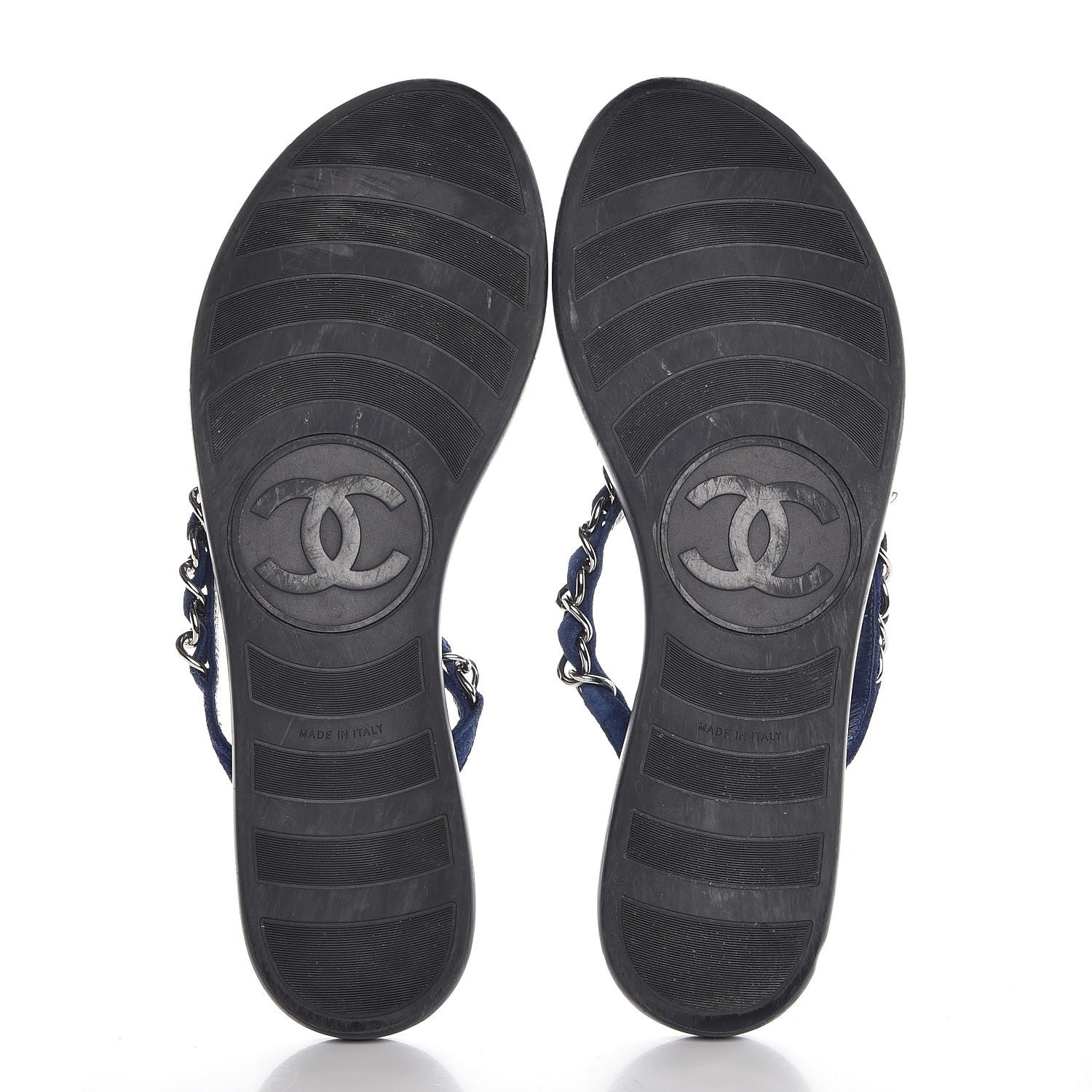 Chanel Suede Calfskin Quilted Chain Thong Sandals 38 Navy Blue 7 of 9