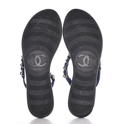 Chanel Suede Calfskin Quilted Chain Thong Sandals 38 Navy Blue 7 of 9