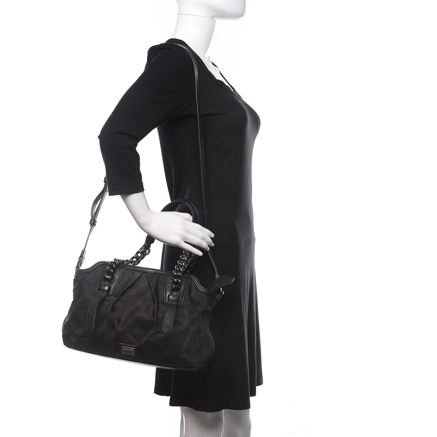 Burberry Nylon Tonal Check Torbitt Tote Black 2 of 16