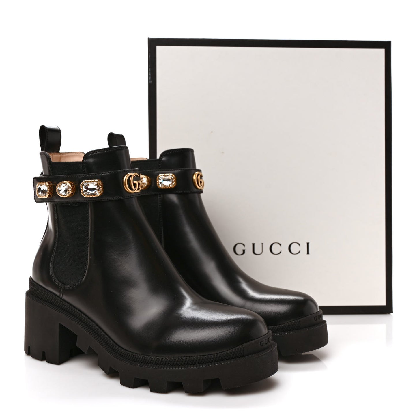 Calfskin Crystal GG Trip Chelsea Ankle Boots 39.5 Black