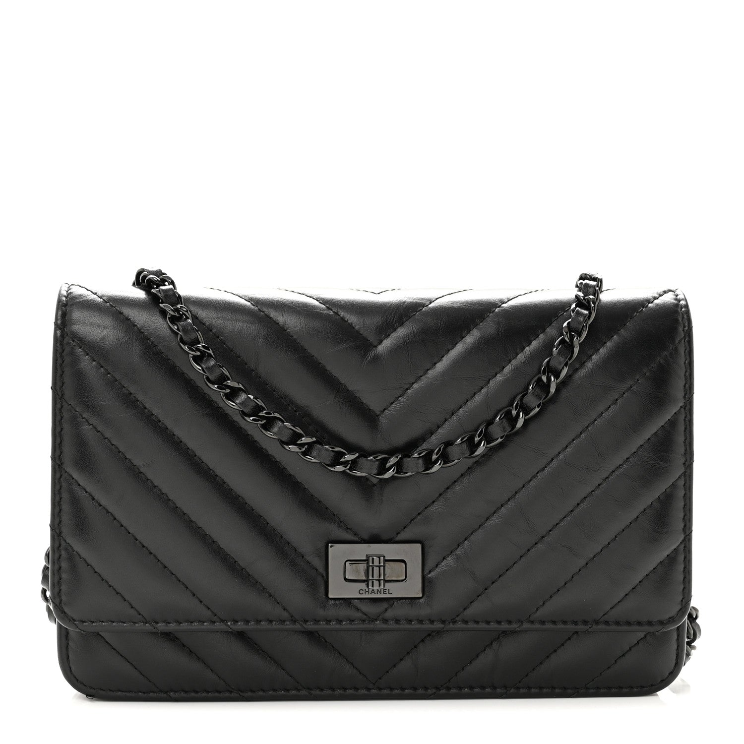 Chanel Aged Calfskin Chevron Quilted Reissue Wallet On Chain WOC So Black 1 of 14