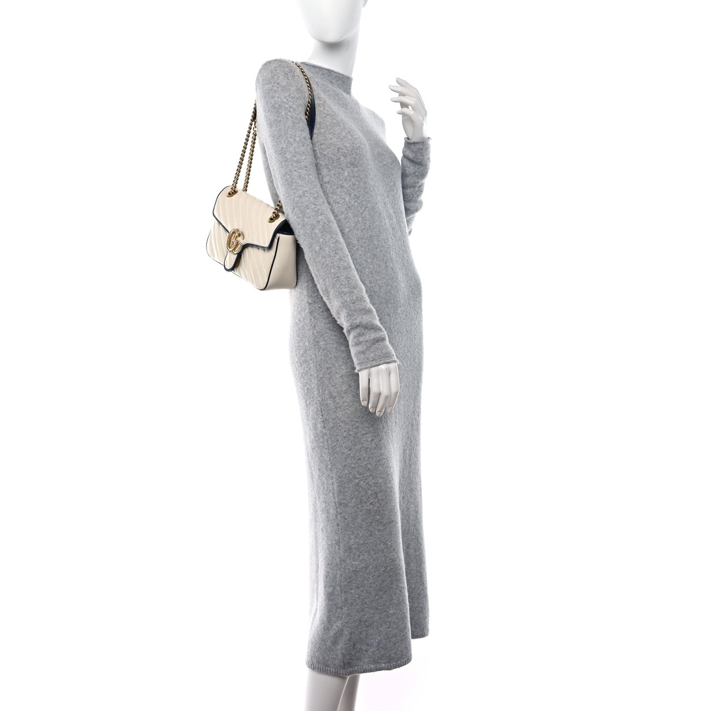 Vintage Effect Calfskin Matelasse Diagonal Small Torchon GG Marmont Shoulder Bag Mystic White Blue Agata