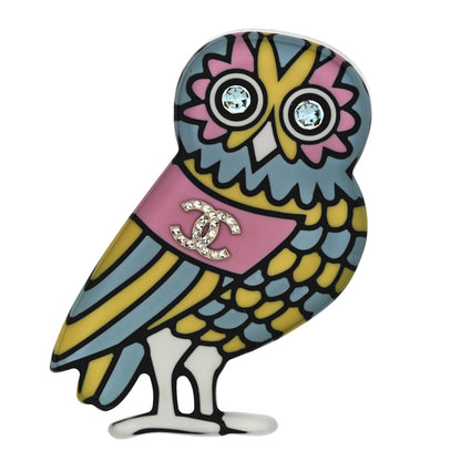 Chanel Resin Crystal Owl CC Brooch Blue Yellow Golden 1 of 5