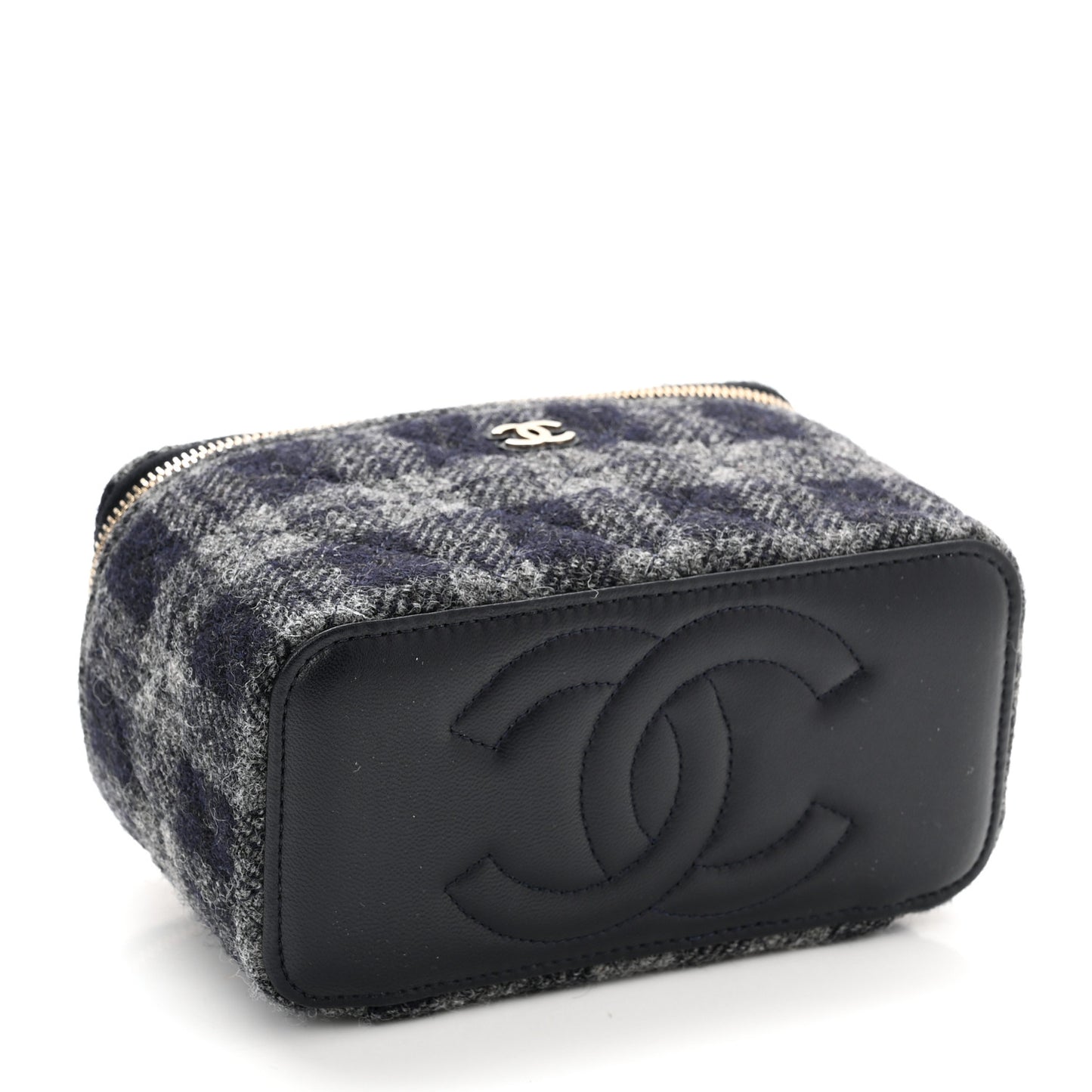 Wool Plaid Quilted Small Vanity Case With Chain Blue