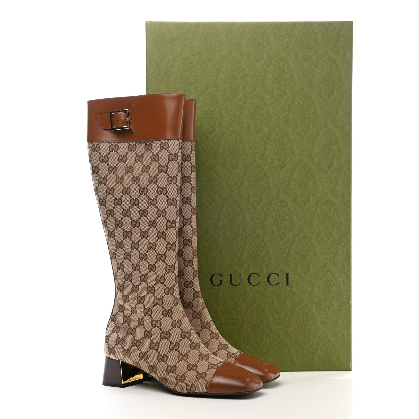 Monogram Cordovan Lux GG Knee High Boots 37.5 Beige Cuir