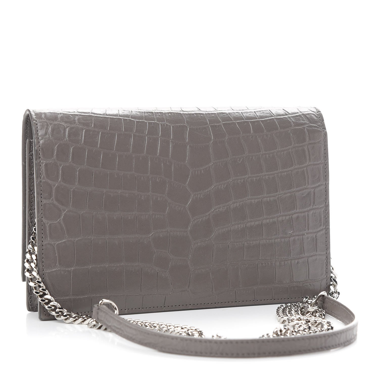 Saint Laurent Calfskin Crocodile Embossed Kate Monogram Tassel Chain Wallet Fog 3 of 9