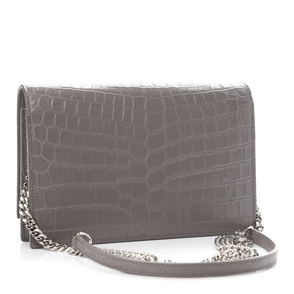 Saint Laurent Calfskin Crocodile Embossed Kate Monogram Tassel Chain Wallet Fog 3 of 9