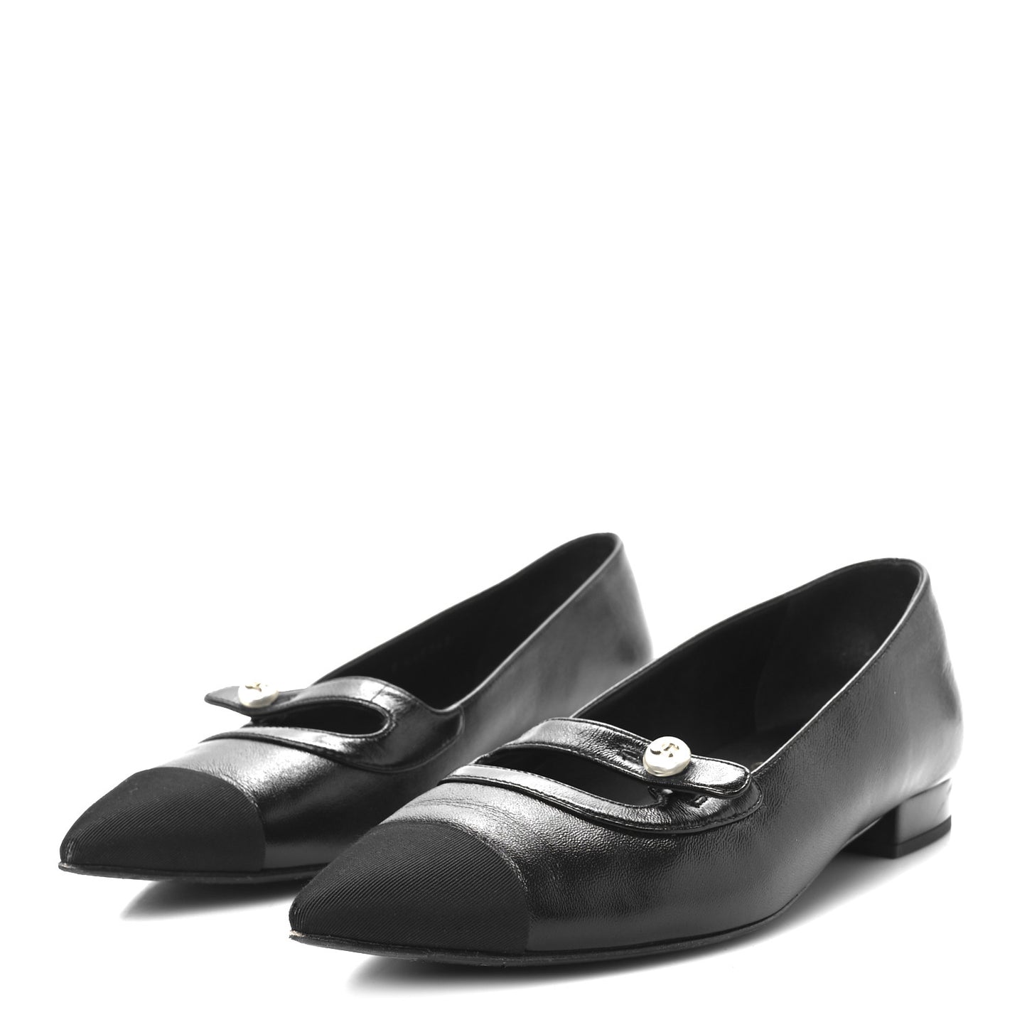 Shiny Lambskin Grosgrain Pearl Mary Jane Flats 38.5 Black