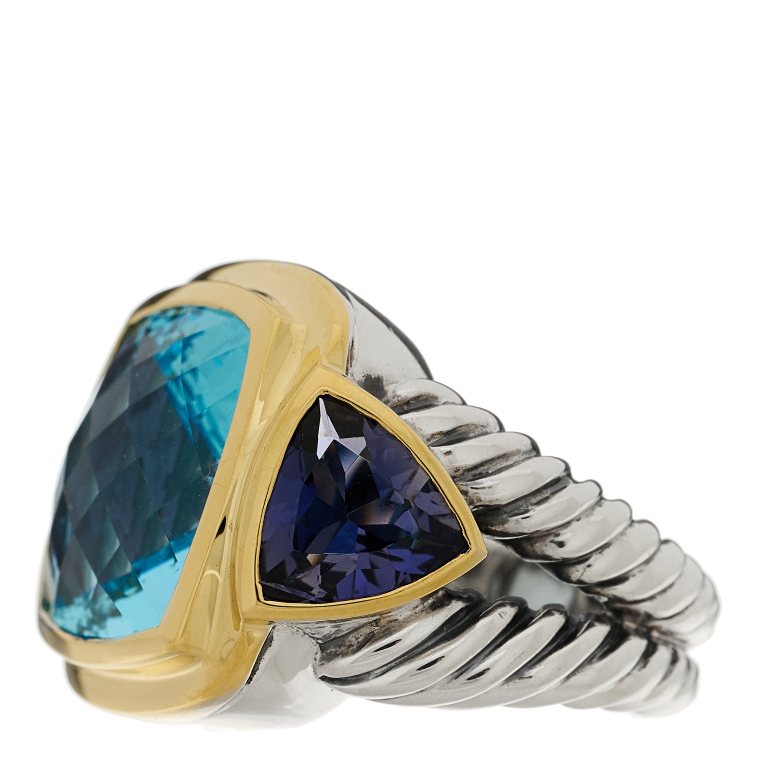 David Yurman Sterling Silver 18K Yellow Gold Blue Topaz Iolite Cable Mosaic Ring 53 6.25 3 of 6