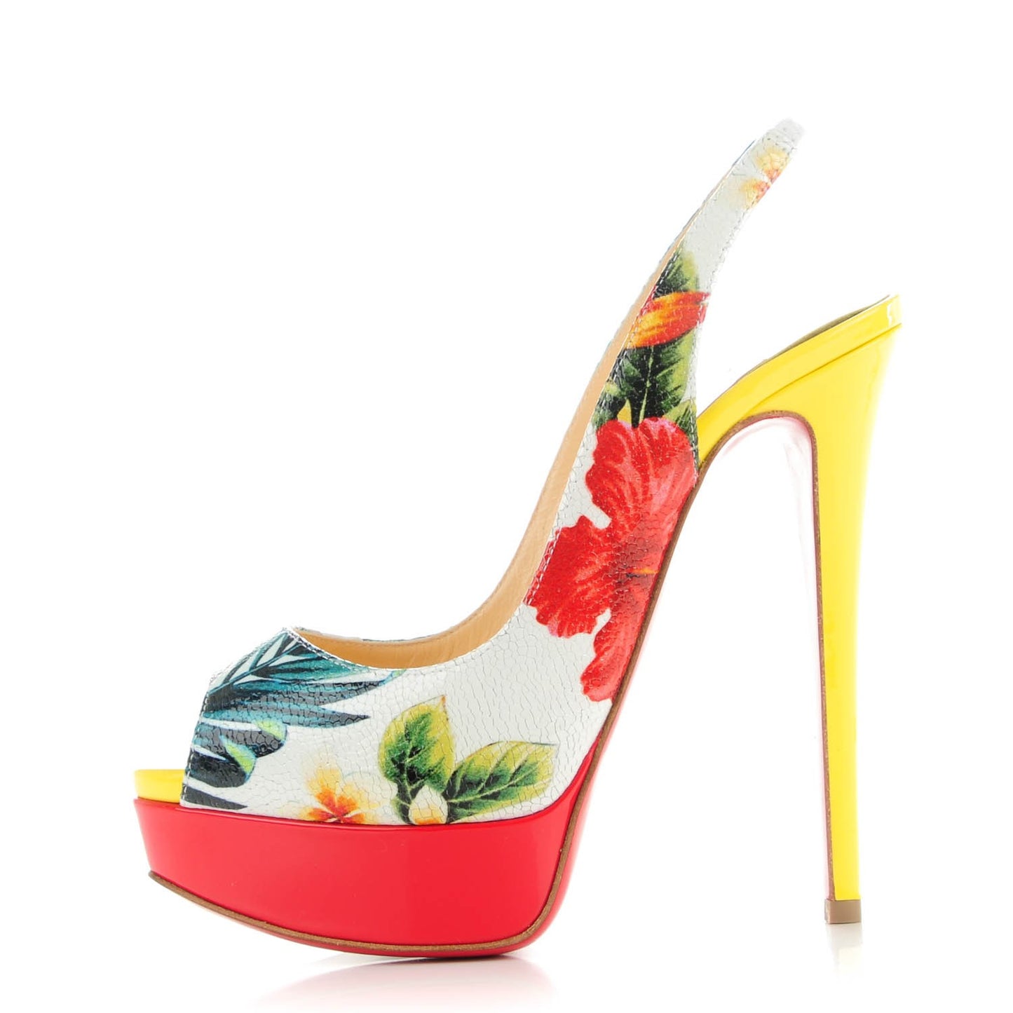 Crackled Calfskin Patent Hawaii Print Lady Peep Sling 150 Pumps 36.5 Version White