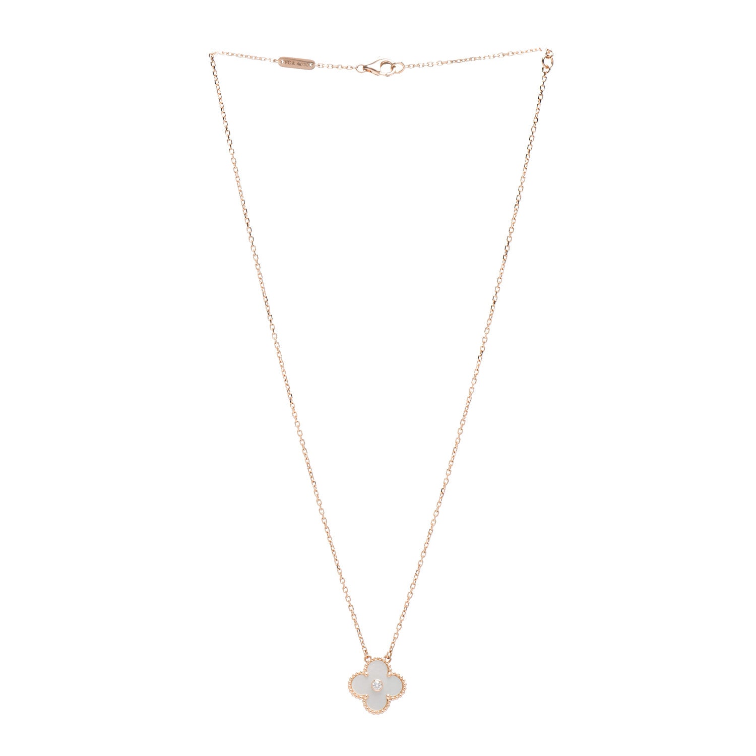 Van Cleef & Arpels 18K Rose Gold Diamond Mother of Pearl Vintage Alhambra Pendant Necklace 3 of 4