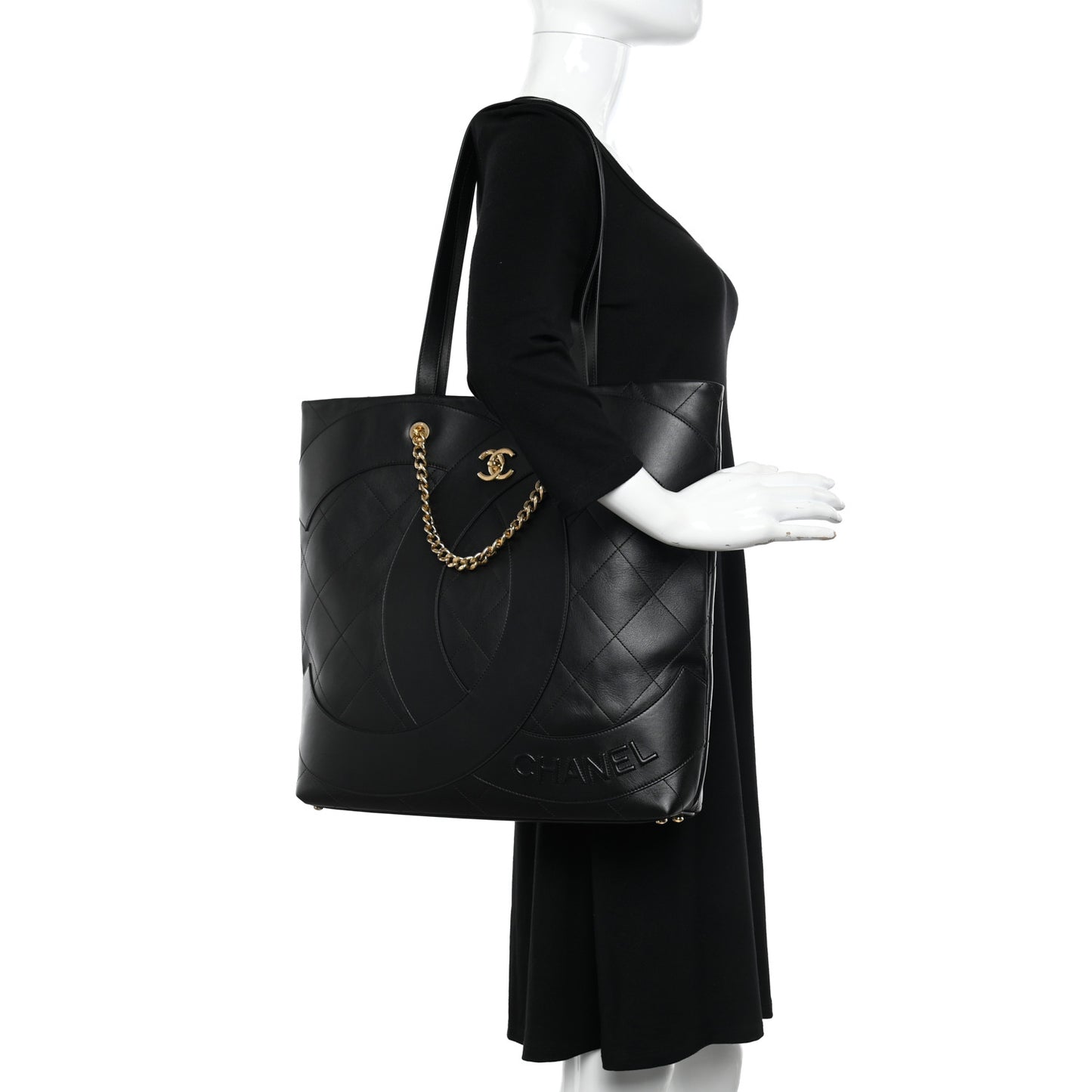 Calfskin Stitched CC Shopper Tote Black