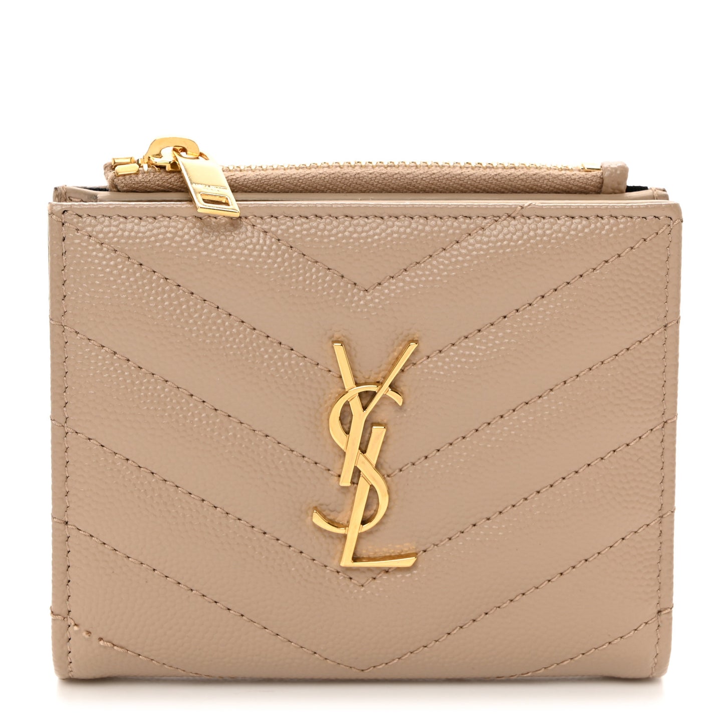 SAINT LAURENT Grain De Poudre Matelasse Chevron Monogram Zipped Card Case Dark Beige
