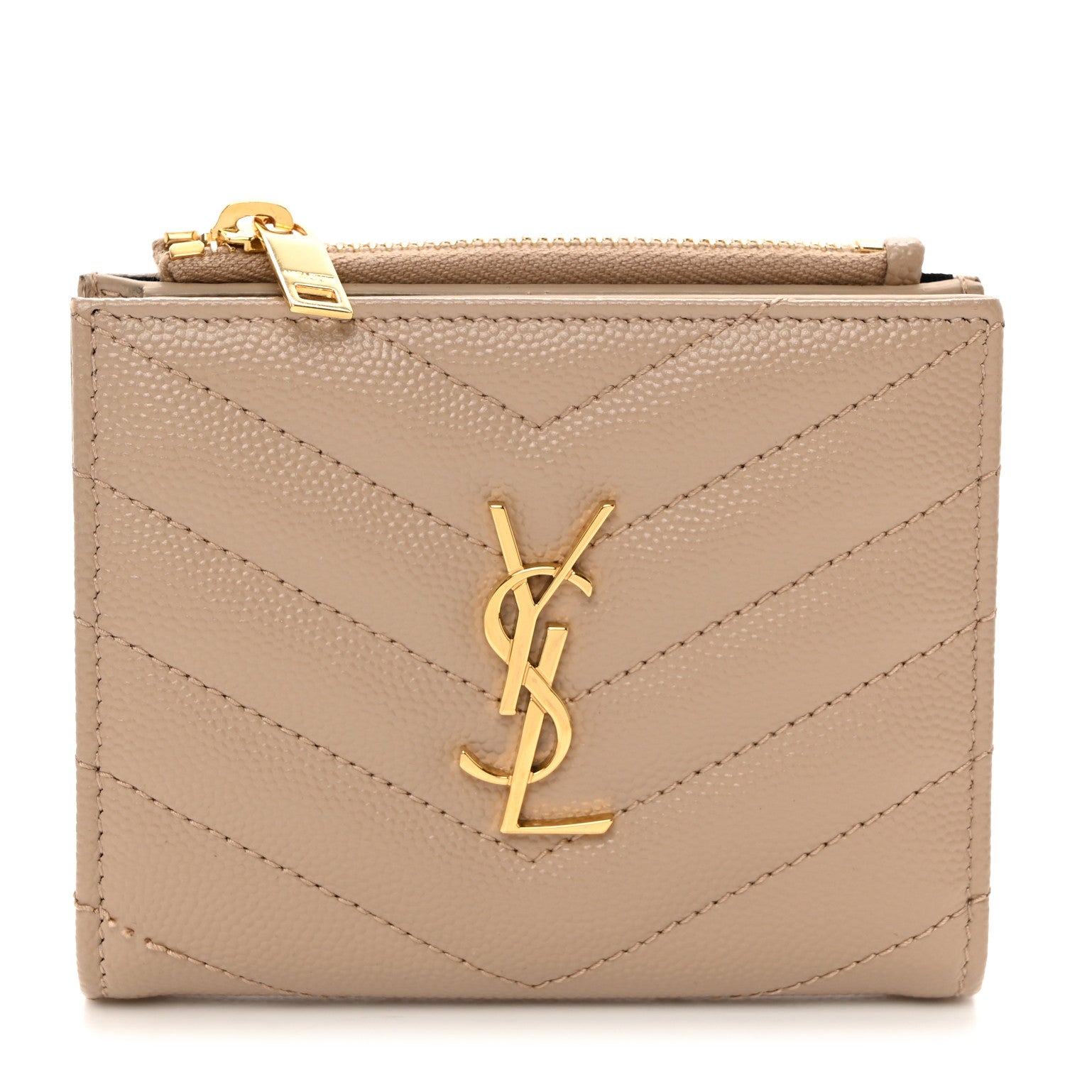 Saint Laurent SAINT LAURENT Grain De Poudre Matelasse Chevron Monogram Zipped Card Case Dark Beige 1 of 8