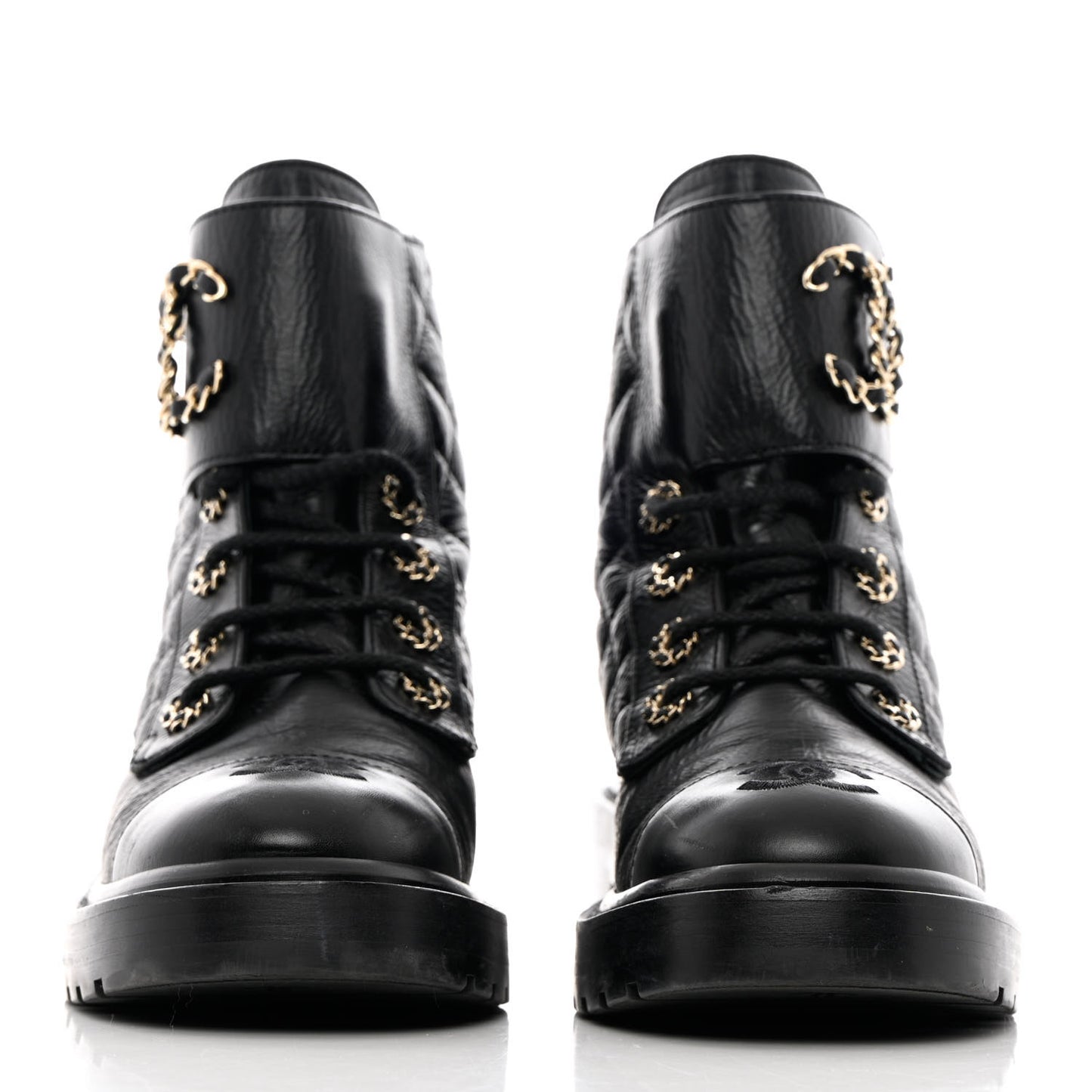 Shiny Calfskin Quilted Lace Up Combat Boots 37 Black