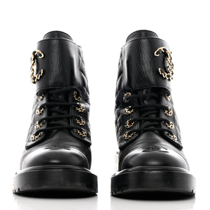 Chanel Shiny Calfskin Quilted Lace Up Combat Boots 37 Black 2 of 13