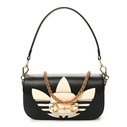 Gucci X ADIDAS Textured Dollar Calfskin Web Small Trefoil Horsebit 1955 Shoulder Bag Black Off White 1 of 10