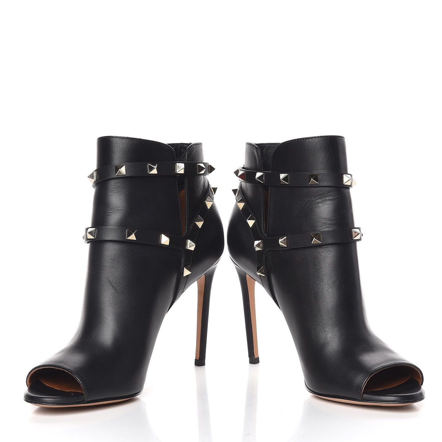 Calfskin Rockstud Peep Toe Double Buckle 100mm Ankle Boots 37 Black