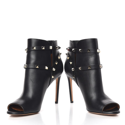Valentino Garavani Calfskin Rockstud Peep Toe Double Buckle 100mm Ankle Boots 37 Black 5 of 13