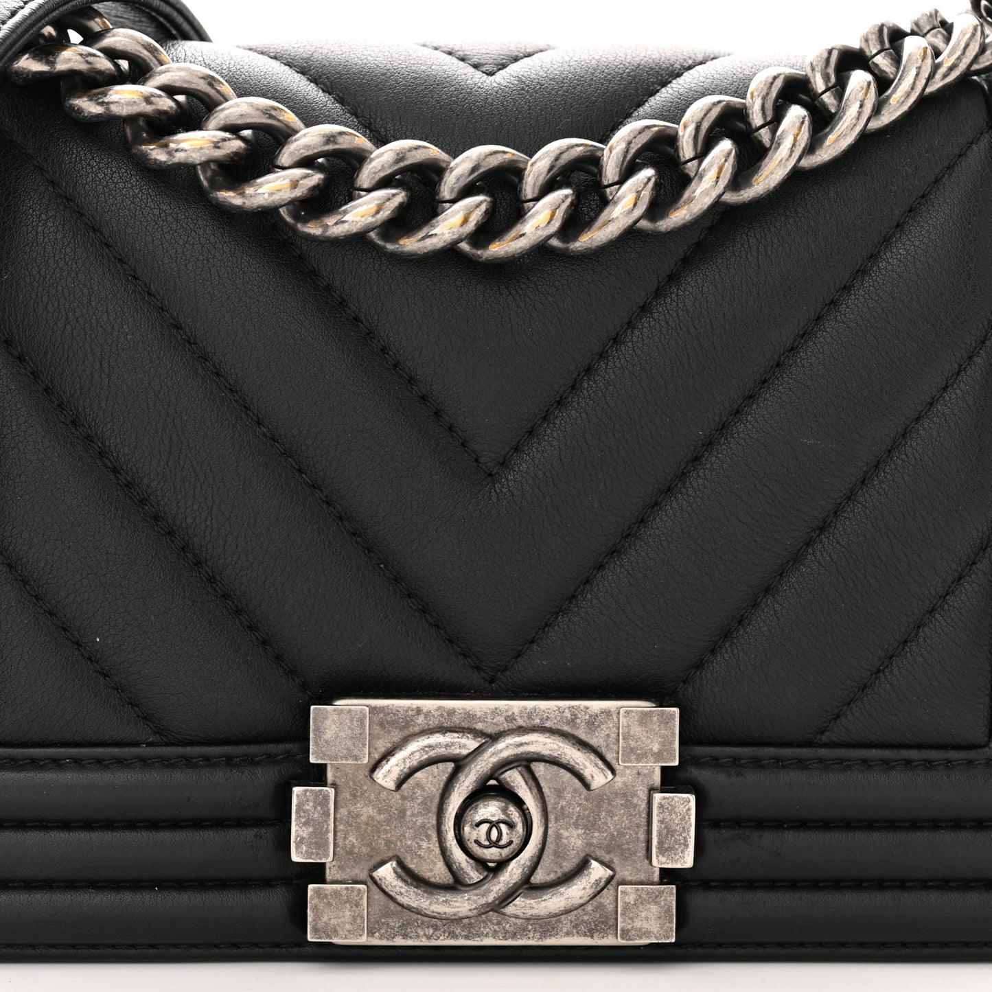 Calfskin Chevron Quilted Small Boy Flap Black