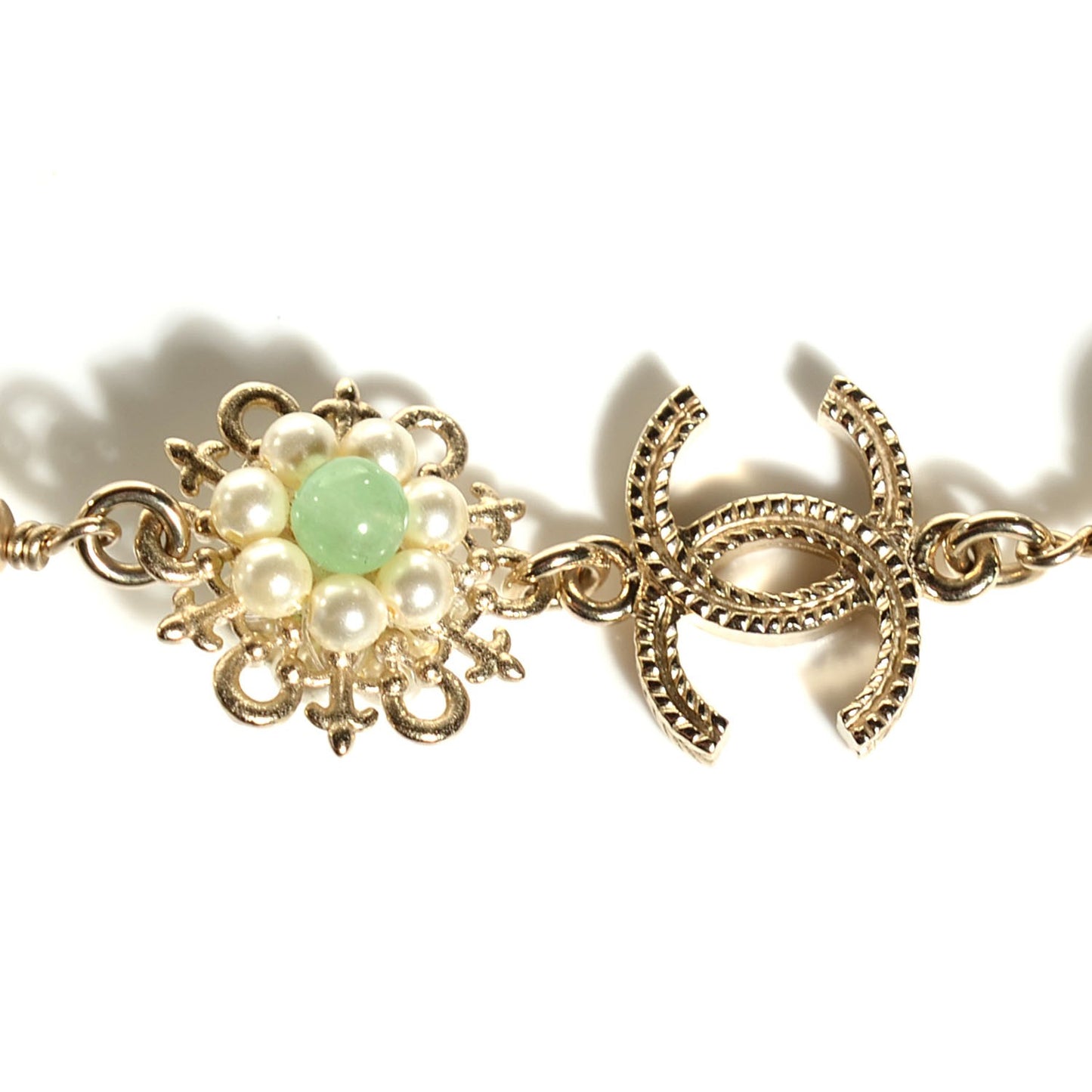 Pearl Camellia CC Long Necklace Gold Pink Green